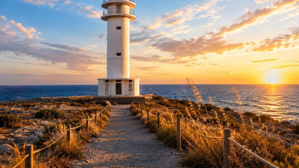 A lighthouse on a rocky coastline with a path leading to it, surrounded by grass and a sunset in the background. 2