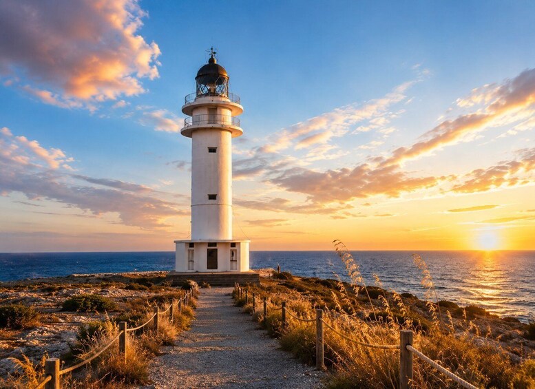 A lighthouse with a clear path leading to it, surrounded by coastal vegetation and the ocean. 2