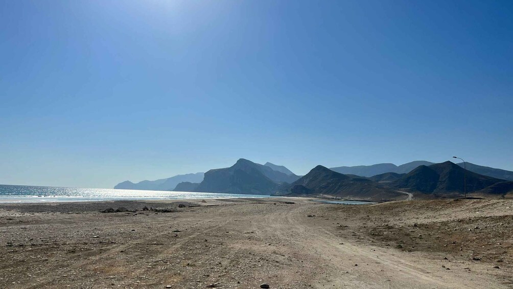 A coastal landscape with mountains, a dirt path, and a clear sky. 5