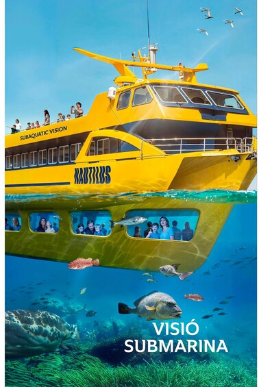 A yellow submarine with 'MAUTILUS' written on it, passengers on deck, and an underwater view of marine life. 1