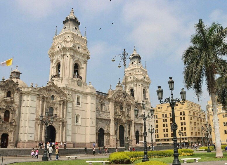 A historic cathedral with two prominent towers, a flag, and a well-maintained plaza with benches and palm trees. 4