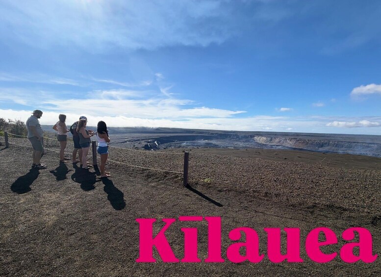 A group of people standing on a rocky outcrop overlooking a vast landscape with the word 'Kilauea' visible. 5