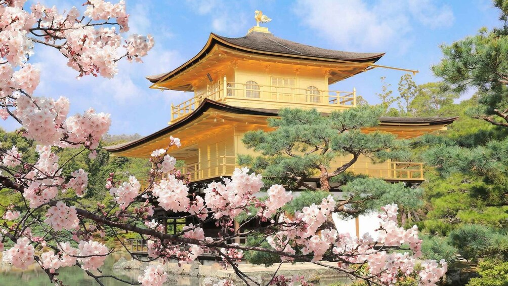 A traditional Japanese building with a curved roof, surrounded by cherry blossoms and pine trees. 1