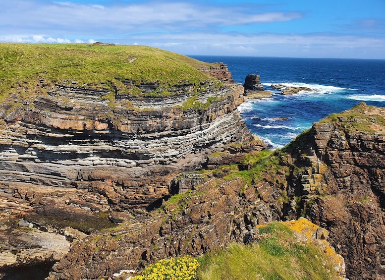 A coastal cliff with layered rock formations and a view of the ocean. 1