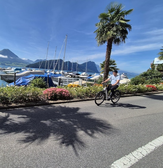 A cyclist riding on a road with a marina and boats in the background. 1