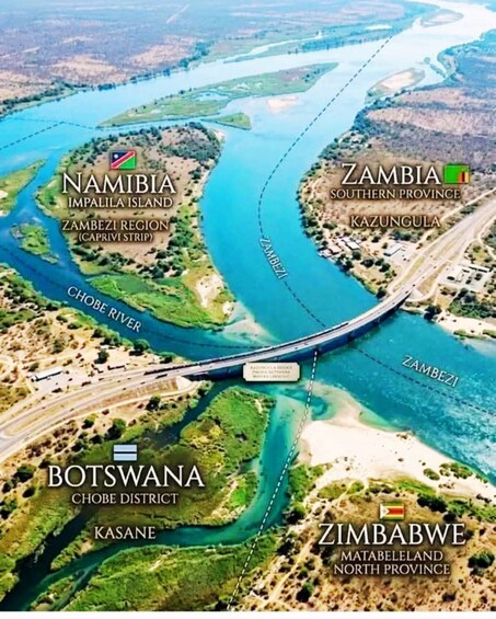 A river flowing through Namibia, Zambia, Botswana, and Zimbabwe with a bridge crossing. 1