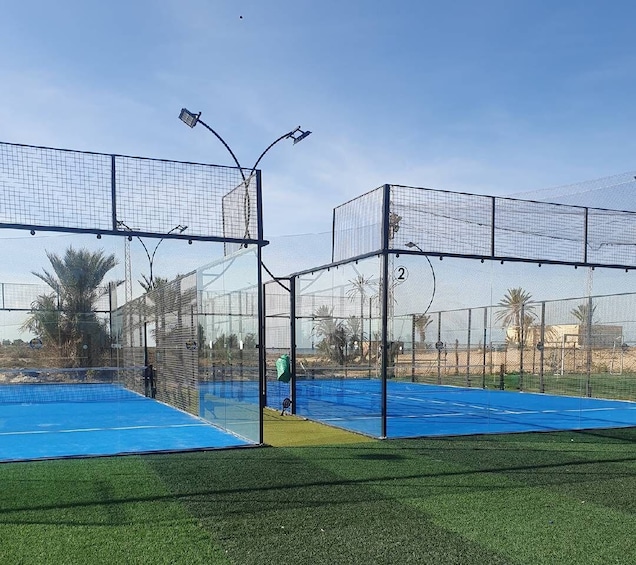 A tennis court with a net, surrounded by a fence, and palm trees in the background. 3