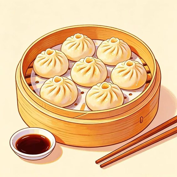 A bamboo steamer with six baozi, a small bowl of soy sauce, and chopsticks. 3