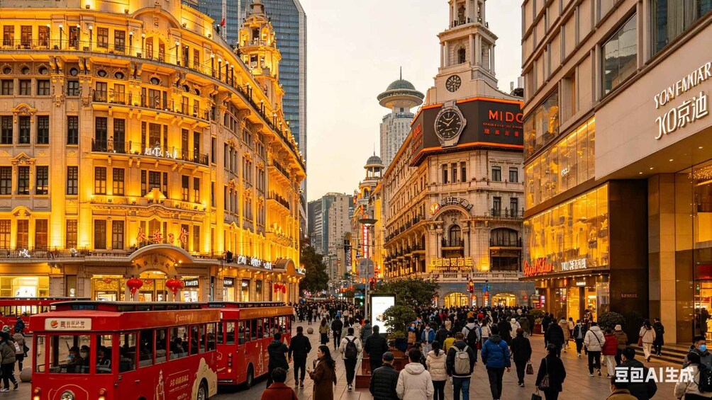 A bustling urban street with historic buildings, a clock tower, and a red bus. 2