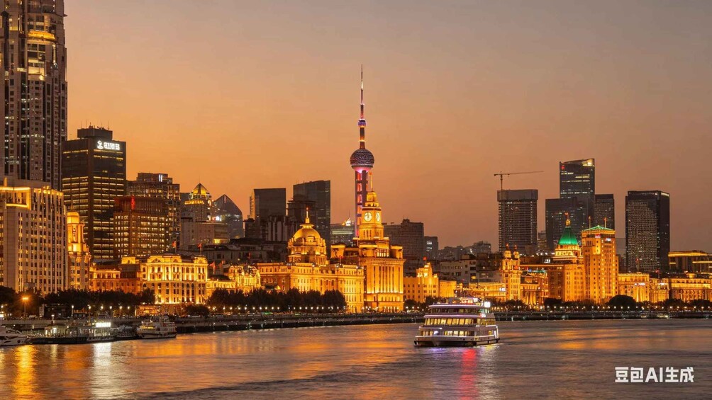 A city skyline at dusk with illuminated buildings and a prominent tower. 1