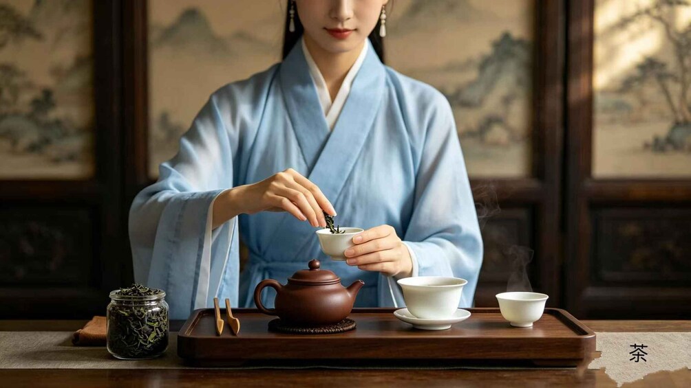 A person in traditional attire preparing tea with a teapot and cups on a tray. 5