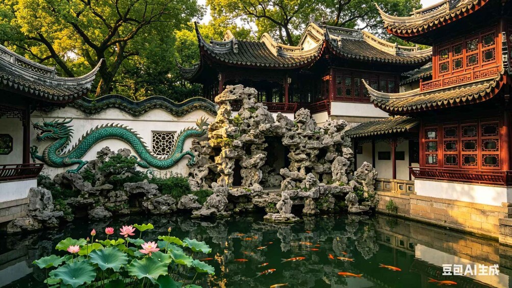 A traditional Chinese garden with ornate architecture, a dragon mural, and a pond with lotus flowers and koi fish. 4
