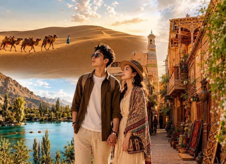 A couple standing in a desert landscape with sand dunes, a river, and traditional architecture. 3