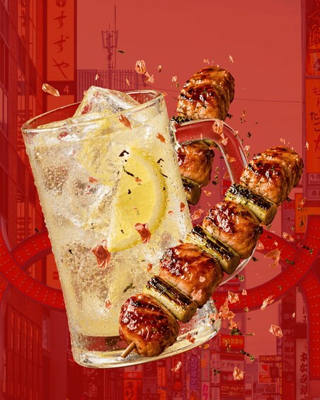 A glass with a lemon slice and skewered meat, possibly grilled, with a red background and some text. 4