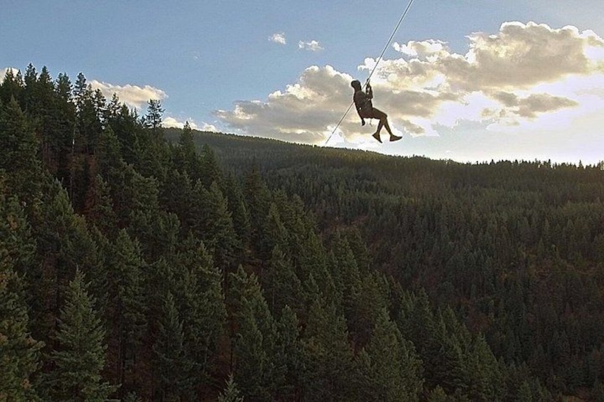 A person zip-lining through a forested area. 5