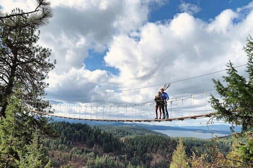 A suspension bridge in a forested area with a clear sky. 2