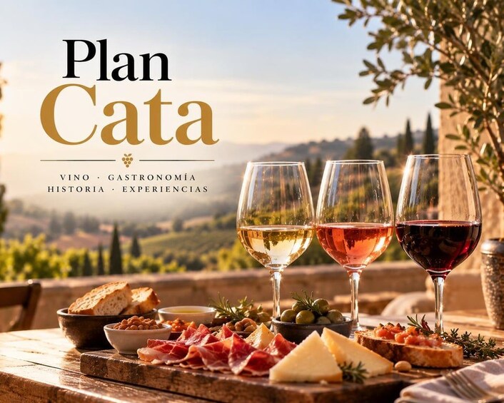 A wine tasting setup with glasses of white, rosé, and red wine, cheese, olives, and bread on a wooden table with a scenic vineyard backdrop. 2