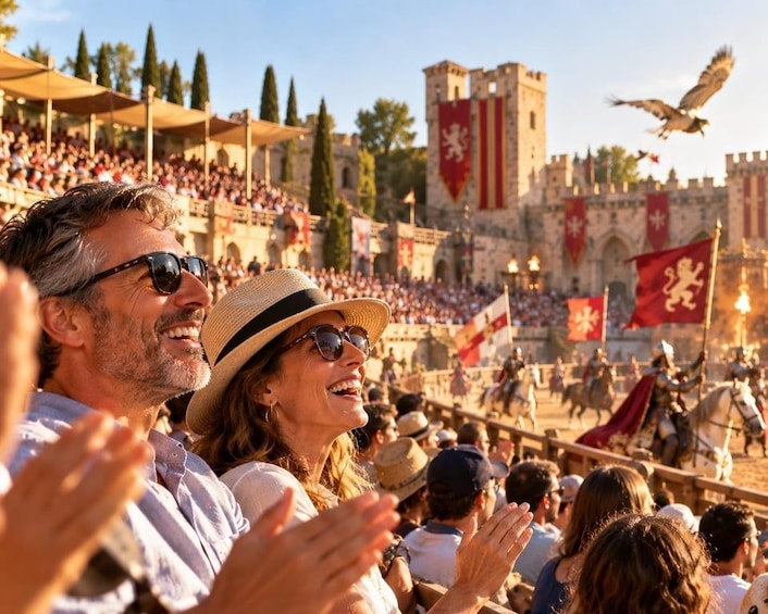 A historical reenactment with spectators, a castle, and flags. 3
