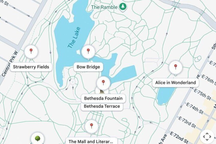 A map with landmarks like The Ramble, Strawberry Fields, and Bow Bridge. 5
