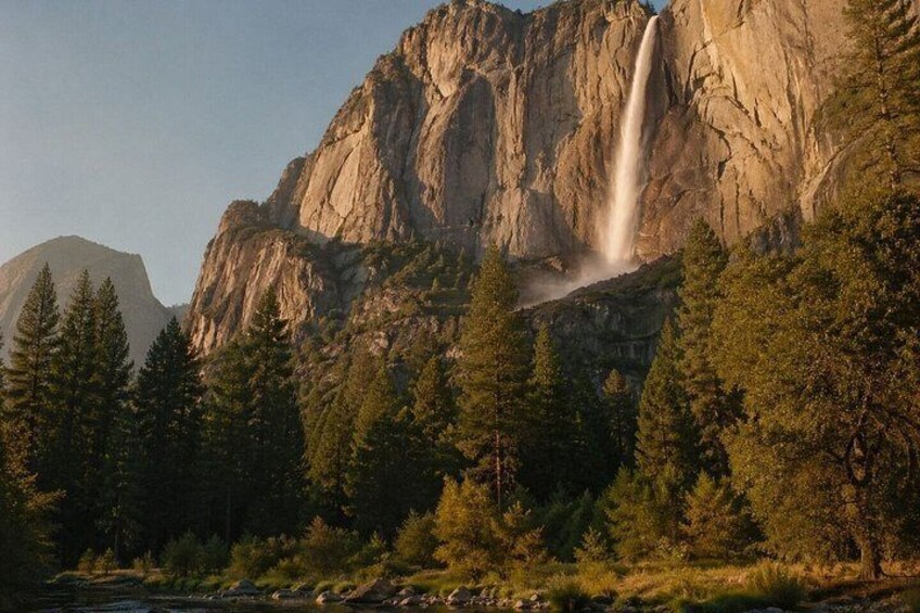 A waterfall cascading down a rocky cliff surrounded by dense forest. 4