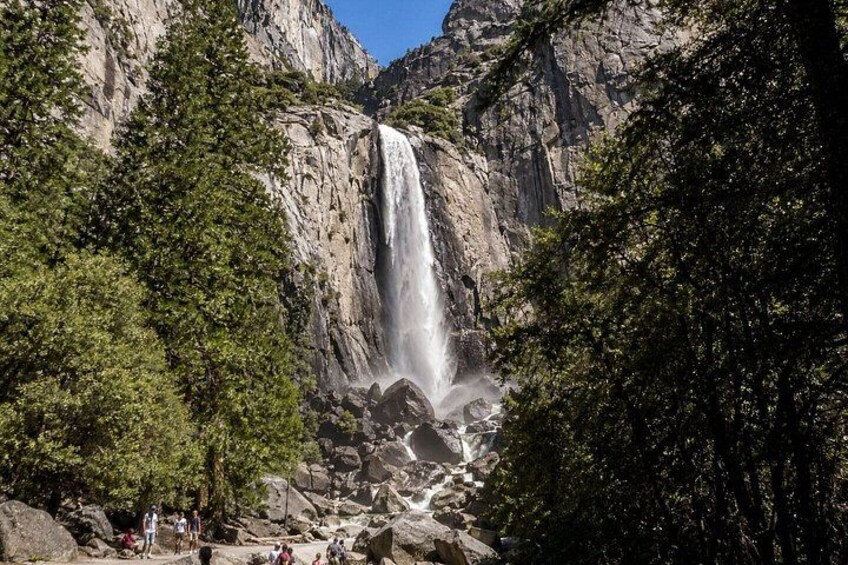 A waterfall cascading down a rocky cliff surrounded by dense green trees. 3