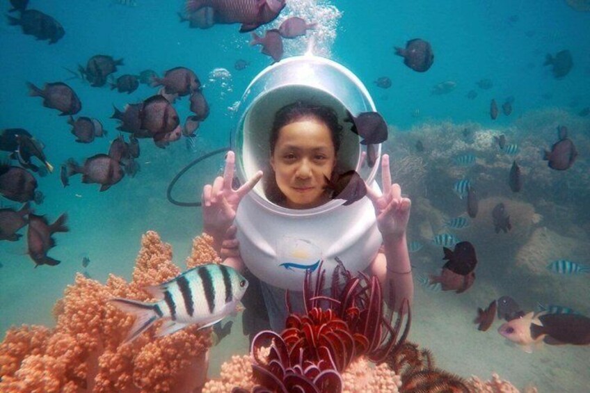 A person in a diving helmet surrounded by marine life and coral reefs. 5