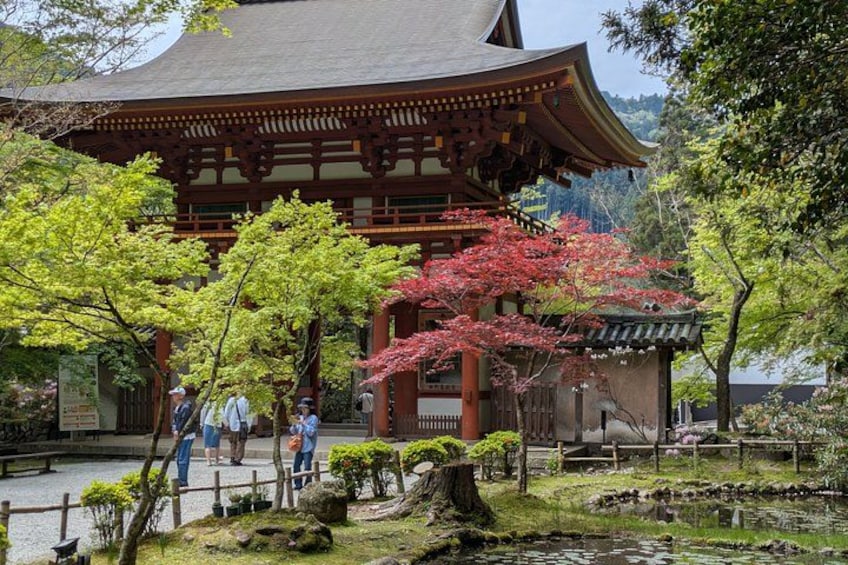 A traditional Japanese building with a curved roof, surrounded by trees with red foliage, and a small pond in the foreground. 2