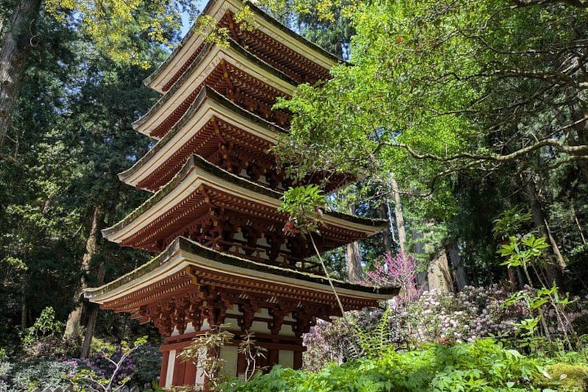 A traditional multi-tiered pagoda surrounded by lush greenery and trees. 4