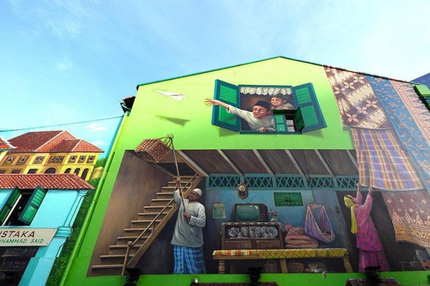 A mural on a building with a staircase, a person climbing, and a shop with items on display. 4