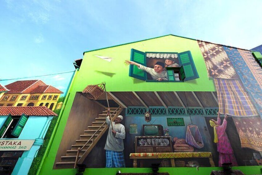 A mural on a building with a staircase, a person climbing, and a figure with a raised arm. 5