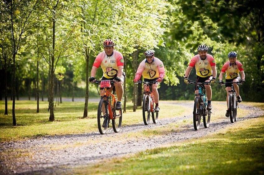 Four cyclists on a gravel path surrounded by trees. 1