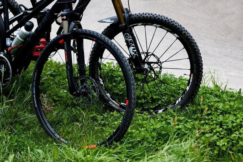 A mountain bike with a black frame and a front suspension fork, parked on grass with a tire marked 'Schwalbe.' 3