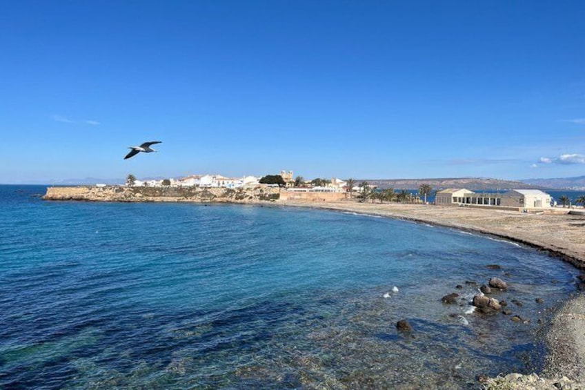 A coastal scene with clear blue water, a sandy beach, and a small settlement with buildings. 4