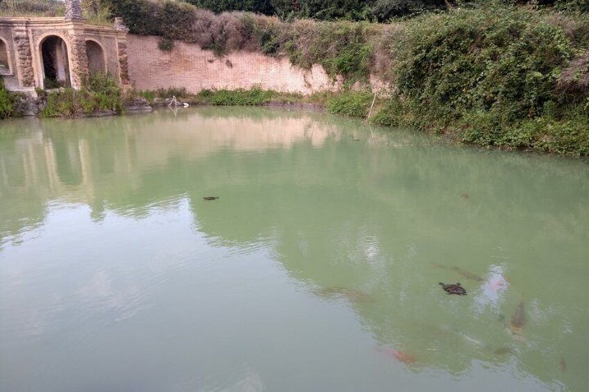 A river with greenish water, a stone bridge, and a stone wall. 2