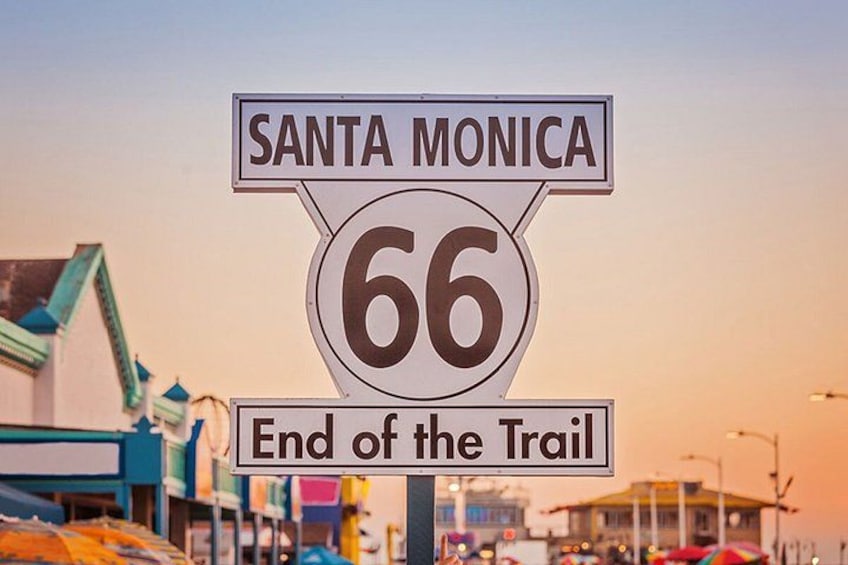 A sign for Santa Monica on Route 66 with the text 'End of the Trail'. 3
