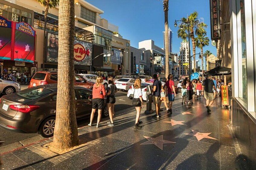 A busy street with pedestrians, palm trees, and Hollywood Walk of Fame stars. 3