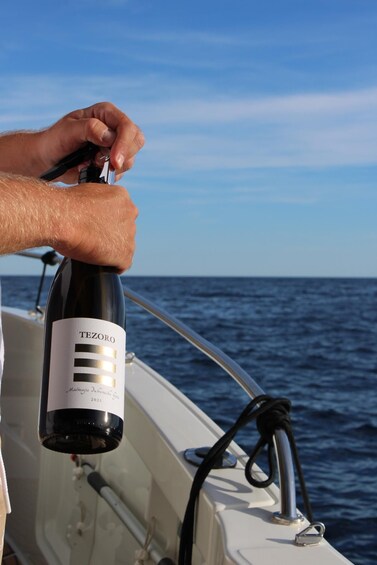 A person holding a bottle of Tezoro wine on a boat with the ocean in the background. 5