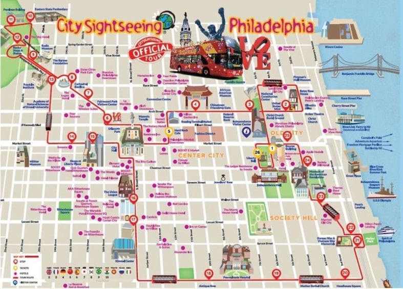 A detailed map of Philadelphia with marked tourist attractions and a red bus route. 2