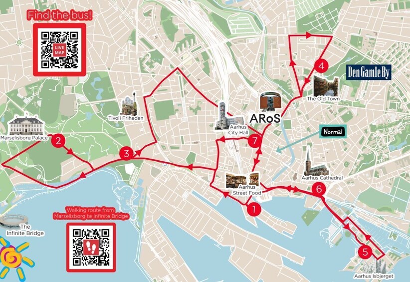 A map with a walking route from the Infinite Bridge to Aarsus City Hall, passing landmarks like the Aarsus Cathedral and Tivoli Friheden. 2