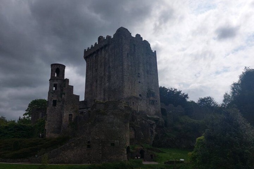 A medieval castle with a tall tower, surrounded by greenery and under a cloudy sky. 1