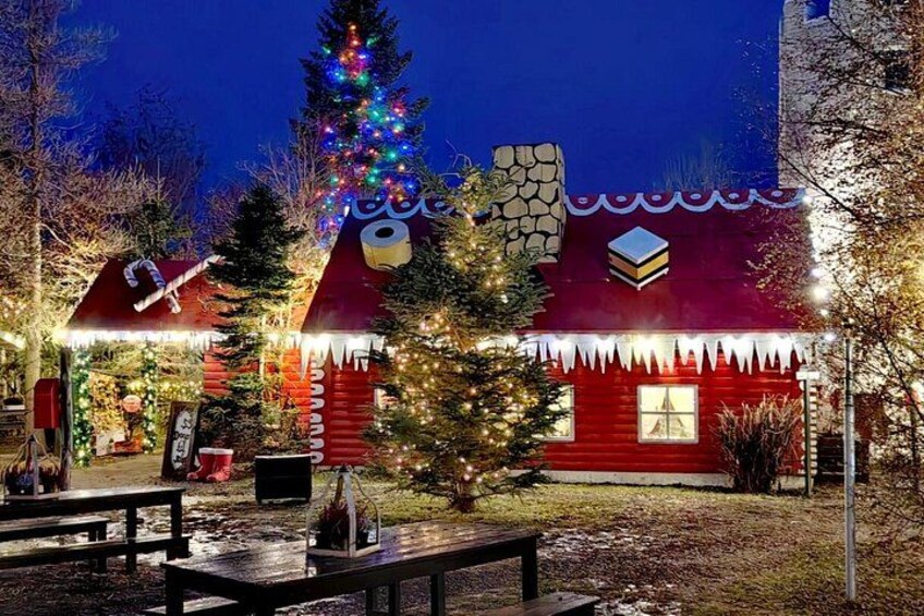 A decorated cabin with a Christmas tree, lights, and a snowy landscape. 5