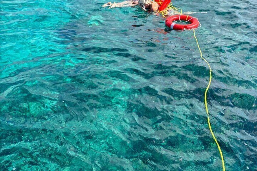 A person swimming in clear blue water with a red life ring and a yellow rope. 5