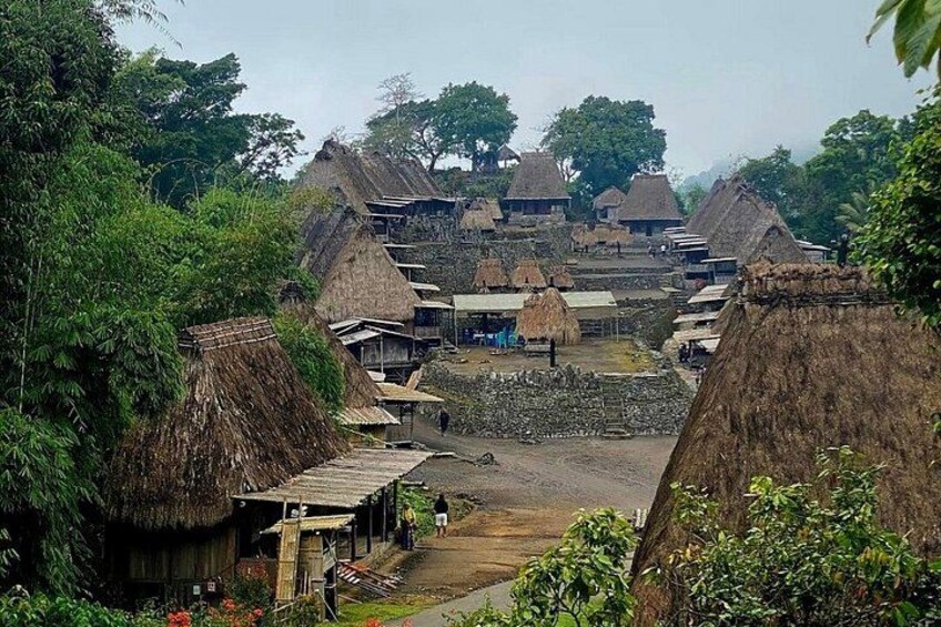A village with thatched-roof houses, a central open area, and surrounding greenery. 5