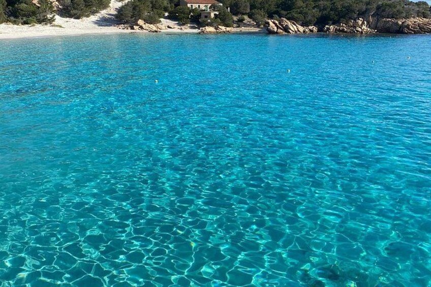 Clear turquoise sea water, a sandy beach, and rocky coastline with vegetation. 4