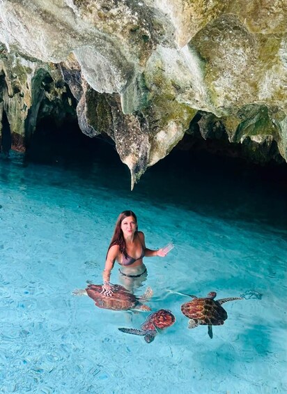 A person in a pool with sea turtles. 5
