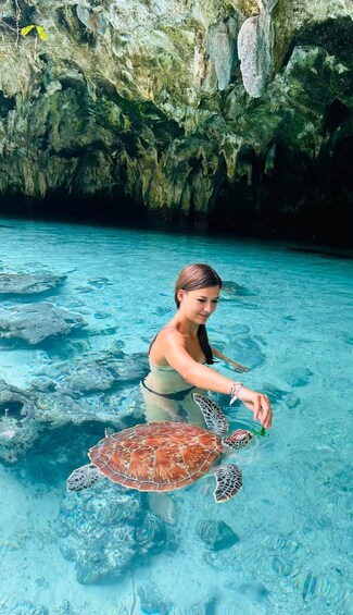 A person in clear water with a sea turtle. 4