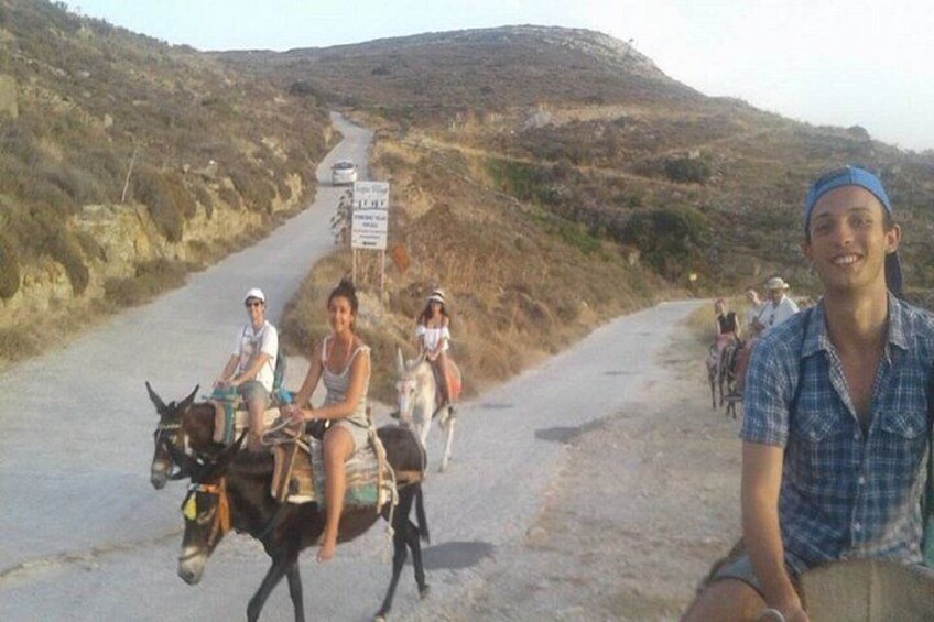 A narrow road with people riding donkeys and bicycles. 3