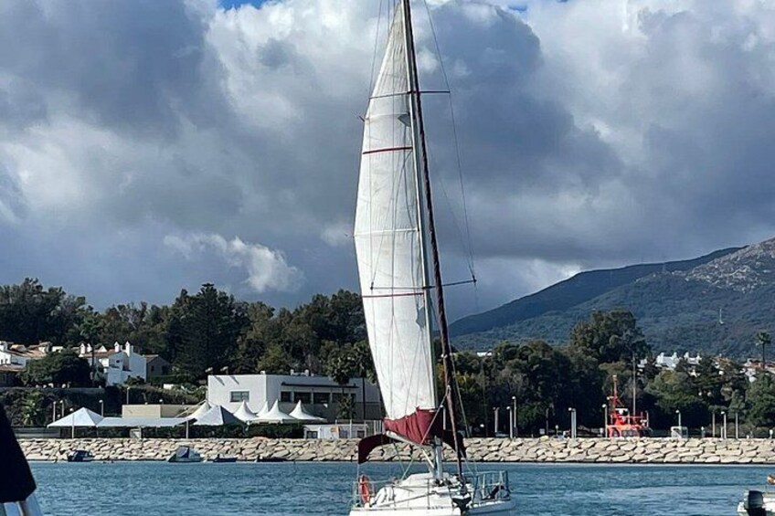 A sailboat on calm waters with a rocky shoreline and houses in the background. 3