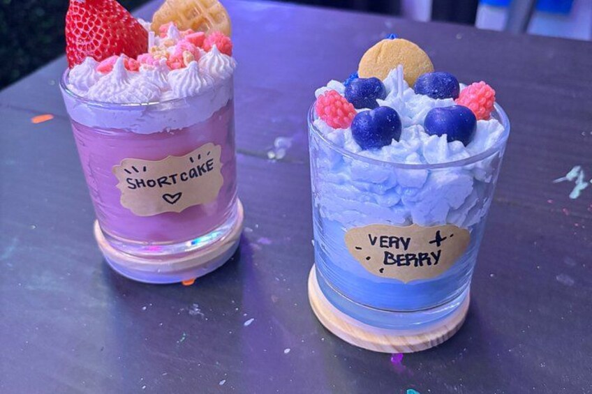 Two dessert glasses with labels, one labeled 'SHORTCAKE' and the other 'VERY + BERRY.' 2