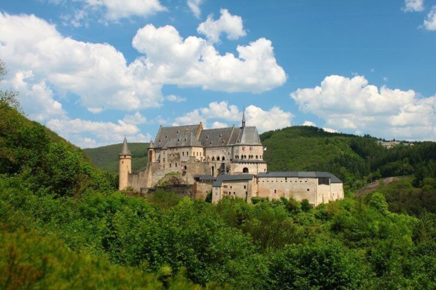 A castle surrounded by lush greenery and hills. 4